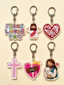 1pc/6pcs Christian Faith Jesus Cute Graphic Acrylic Keychains, Includes Colorful Vintage Letter Collage "JESUS LOVES YOU" Block, Open Arms Cartoon Jesus Wearing "Jesus Loves You" Red Strap, Irregular Shaped Pendant - Multicolor - View 6