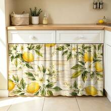 1PC Distressed Wood Grain Lemon White Flower Print Kitchen Cabinet Curtain,Lemon Flower Green Leaf Pattern Print,2D Flat Printing,Light-Transmitting,Fresh Pastoral Style,Suitable For Kitchen Shelf Cabinet Cover Decor - Multicolor - View 7
