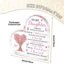1PC 3.94*3.94 Inch 2D Flat Printed Heart-Shaped Acrylic Plaque, Pink Floral Tree Butterfly, Inspirational Desktop Sign, Bedroom Study Decor, Daughter Graduation Birthday Gift - A - View 5