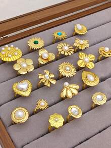 3PCS Random Style Adjustable Flower Stackable Rings For Women, Gold Tone Open Band Finger Rings Set, Daily Party Jewelry Gift - Gold - View 2