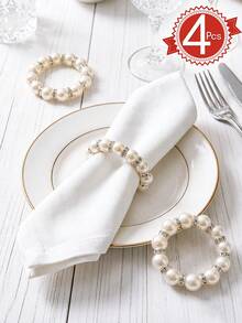 4pcs Minimalist Creative Handmade Pearl Round Napkin Rings, Rhinestone Napkin Holders, Suitable For Birthday, Wedding, Thanksgiving, Christmas, Easter, Halloween, Banquet, Buffet Table Elegant Minimalist Decoration - Beige - View 7