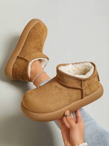 Women's Solid Color Faux Suede Slip-On Ankle Boots, Fuzzy Lining Minimalist Thick Sole Ankle Boots - Khaki - View 7