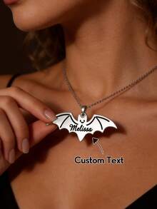 1pc Customized Name Bat Necklace, Personalized Engraved Gothic Style Pendant Collarbone Chain, Halloween Gift Jewelry - Multicolor - View 2