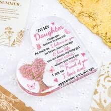 1PC 3.94*3.94 Inch 2D Flat Printed Heart-Shaped Acrylic Plaque, Pink Floral Tree Butterfly, Inspirational Desktop Sign, Bedroom Study Decor, Daughter Graduation Birthday Gift - A - View 7