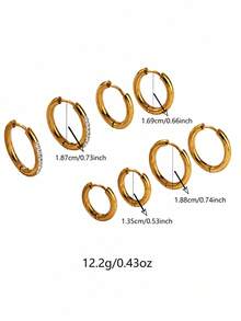 VceTd 4 Pairs Classic Style Geometric Design Stainless Steel Hoop Earrings For Women, Suitable For Daily Wear - Yellow Gold - View 2