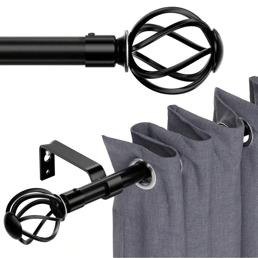 1 Set Heavy Duty Adjustable Curtain Rod, Fits 28-158 Inch Windows, With Twisted Decorative Finials, Splice Curtain Rod, With Brackets, Perfect For Windows And Shower Curtains, Home Decor, Bedroom Curtains, 5/8'' Diameter Curtain Rod - Retro Cutout - Black - View 1