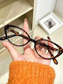 1 Pair Women's Leopard Print Cat Eye Decorative Glasses, Solid Color Full Frame Rivet Casual Style, Suitable For Daily Wear, Commuting, Office, School Opening Ceremony - Clear - View 1