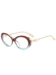 1pc European & American New Oval High-End Women's Clear Lens Metal Temple Pearl Inlaid Fashion Transparent Decorative Glasses - Clear - View 17