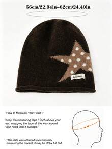 1pc Women's Autumn/Winter New Knit Beanie Hat, Large Head Circumference, Face-Slimming, Warm, Black Slouchy Hat With Five-Point Star Design - Multicolor - View 10