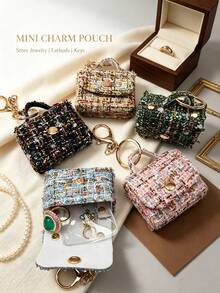1pc Cute Tweed Mini Jewelry Storage Bag, Portable Earphone Bag Keychain Pendant, Mini Travel Ring Box Travel Jewelry Box Cosmetic Storage Box, Women's Earring/Ring/Necklace/Bracelet Storage Box, Mini Wallet - Tweed Mini Bag - View 1