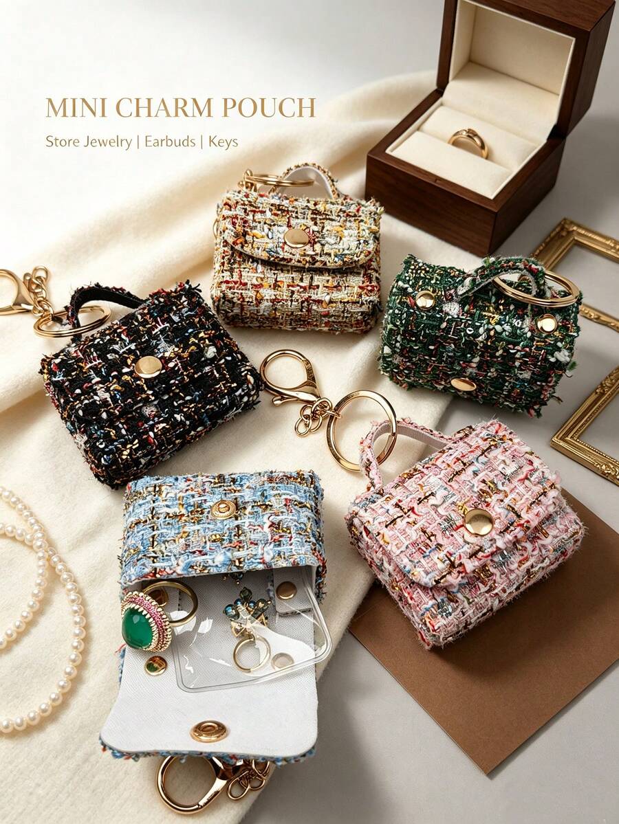 1pc Cute Tweed Mini Jewelry Storage Bag, Portable Earphone Bag Keychain Pendant, Mini Travel Ring Box Travel Jewelry Box Cosmetic Storage Box, Women's Earring/Ring/Necklace/Bracelet Storage Box, Mini Wallet - Tweed Mini Bag - View 1