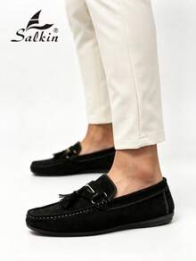 Salkin 男士時尚設計師款一腳蹬樂福鞋 流蘇開車鞋 舒適柔軟麂皮莫卡辛鞋 優雅紳士社交皮鞋 平價奢華品牌感 透氣商務正式男鞋 日常辦公派對情侶約會浪漫晚餐度假禮物休閒鞋 返校學生鞋 學院風 - 黑色 - 查看 2