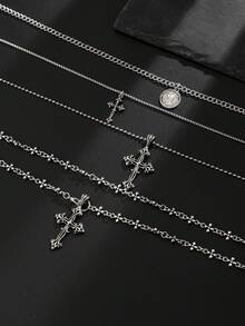 4pcs Gothic Punk Cross Pendant Necklace Set, Long Metal Chain Necklace, Can Be Worn Separately Or Layered, Men's Personalized Charm Jewelry, Holiday Gift - Antique Silver - View 4
