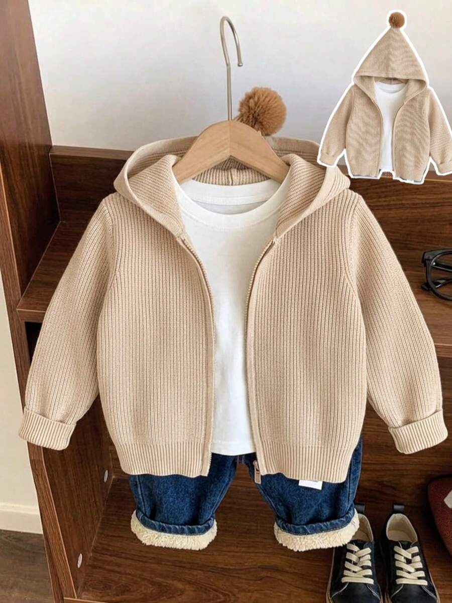 Baby Boy Cute Solid Color Pom Pom Hooded Cardigan Sweater, Long Sleeve Knit, Suitable For Casual Daily Wear In Spring, Autumn And Winter - Brown - View 1