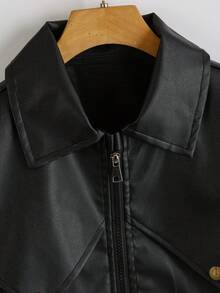 Girls' Faux Leather Jacket With Lapel Collar, Zipper, Flap Pockets And Button Decor, Short Biker Style Autumn Outerwear - Black - View 3
