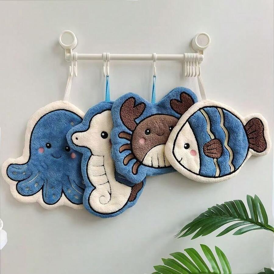 Cute Ocean Animal Hanging Hand Towel, Coral Fleece Quick-Dry Absorbent Wiping Cloth, Octopus Crab Fish Seahorse Shaped Decorative Towel, Suitable For Kitchen Bathroom Home Decor - Marine Animals - View 1