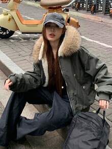 Women's Autumn/Winter Puffer Padded Coat With Large Fur Collar And Hood - Green - View 2