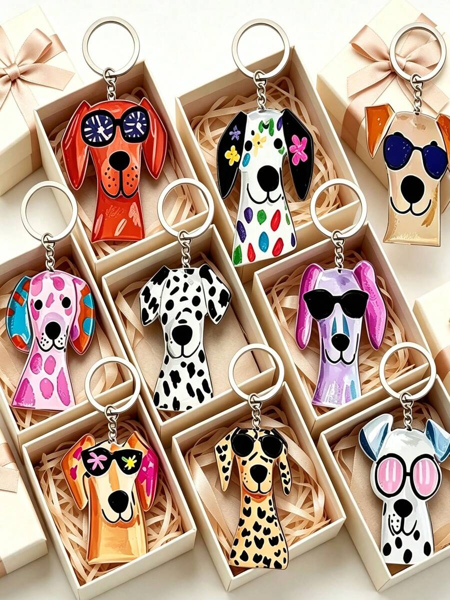 2D Flat Acrylic Material, 2D Flat - 9pcs Puppy Keychain Set, Multi-Color Gradient Spotted Puppy Theme, Minimalist Pastoral Style Animal Keychain, Suitable For Vacation, Beach, Daily, Party, 2D Acrylic, 2D Flat - Multicolor - View 1