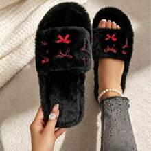 Women's Plush Open Toe Slippers, Red Bow Embroidery Decor, Warm & Non-Slip, Suitable For Indoor Bedroom Home Wear - Black - View 13