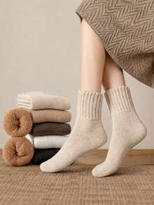 3 Pairs Random Fluffy Korean Style Winter Warm Thermal Lined Thick Solid Color Mid-Calf Socks - Multicolor - View 8