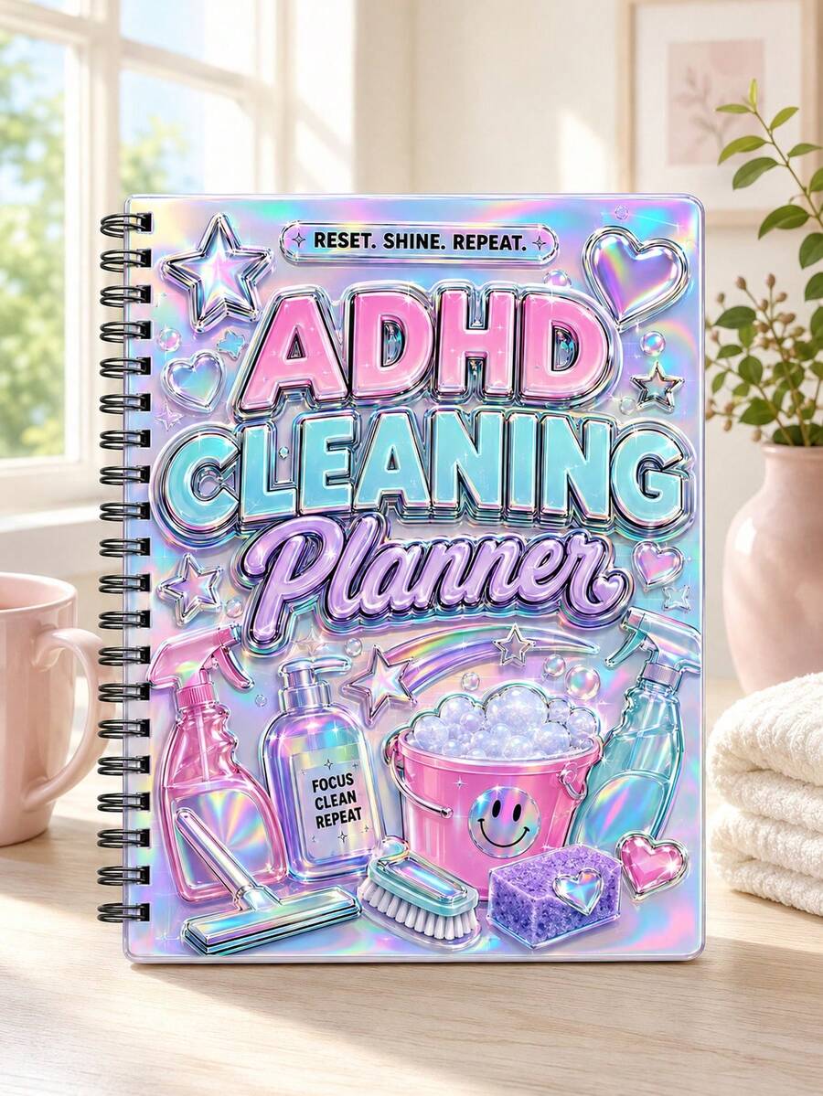 ADHD Cleaning Planner Notebook, Cute Holographic Home Cleaning Schedule Organizer, Includes Chore List, Daily And Weekly Cleaning Routine Tracker, Women's Household Task Planner, Gift For Home Organization Enthusiasts Cleaning Supplies - A - View 1