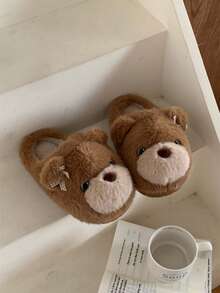 XIXITIAO Cute Big‑Eye Bear Fuzzy House Slippers, Warm Plush Couple Winter Cozy Indoor Home Slippers - Yellow-brown - View 10