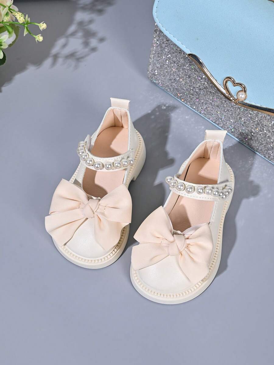 Girls' Pearl Bow Princess Shoes, Soft Sole, Versatile For Spring/Autumn, Birthday Party Dress Shoes - Beige - View 1