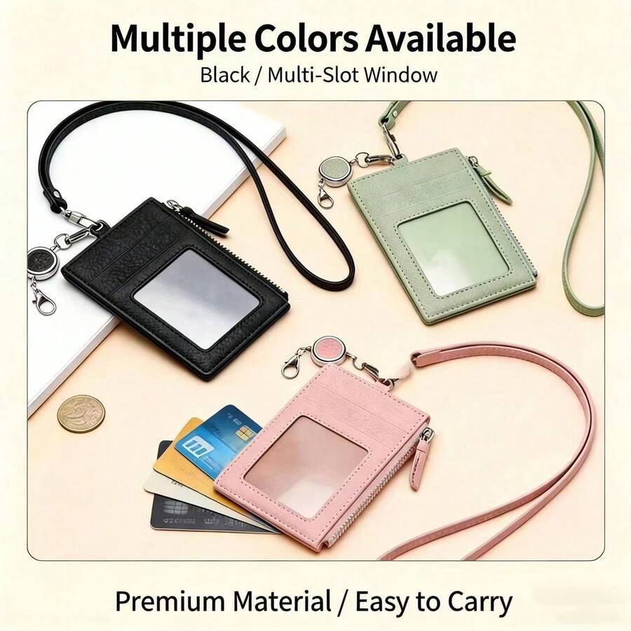 Halter Card Holder PU Leather Multi-Slot ID Badge Wallet With Transparent Window Zipper Coin Pocket Retractable Lanyard Suitable For Work Office School Multiple Colors Available - Multicolor - View 1