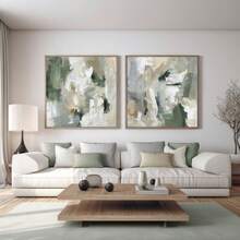 2PCS Unframed Sage Green Abstract Square Canvas Wall Art Set, Modern Thick Brush Stroke Textured Paint Prints, Neutral Boho Minimalist Wall Decor For Living Room Bedroom Home - A - View 1