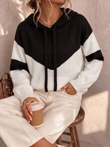 1pc Contrast Color Drawstring Long Sleeve Casual Hooded Sweater, Daily Versatile Elegant Fashion Pocket Colorblock Knit Top, Black - Black - View 9