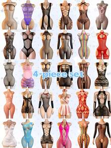 Random 4 Sets Mesh Lingerie, One-Piece Hollow Spaghetti Strap Camisole, Multiple Styles, Various Colors, Versatile Designs, Suitable For Photo Shoots And Theme Parties, One Set Satisfies Multiple Styles - Multicolor - View 3