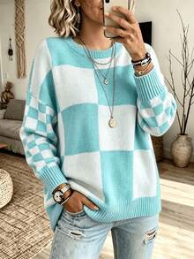 Plus Size Women Plaid Print Crew Neck Loose Casual Pullover Sweater, Autumn/Winter Fall - Mint Blue - View 2