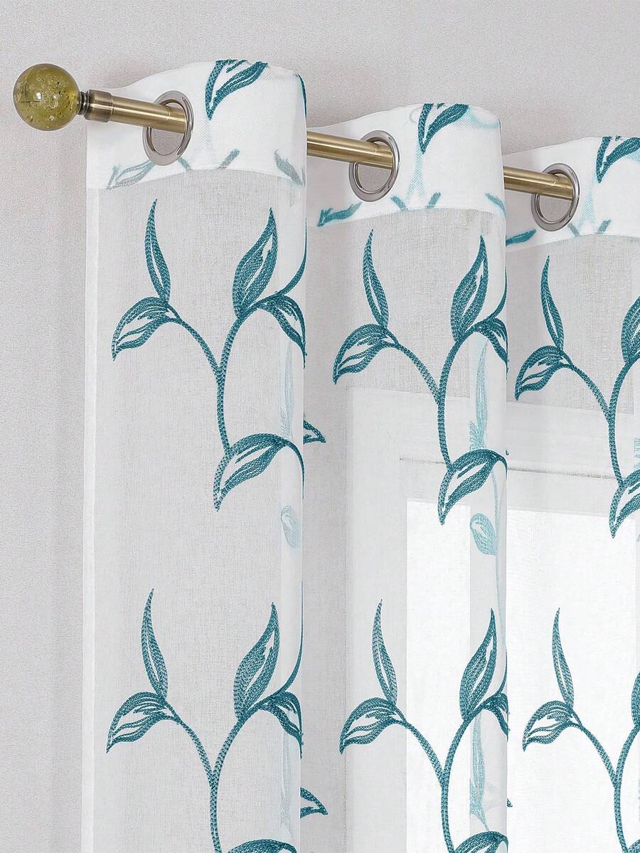 2pcs Sheer Curtains, Decorative Embroidered Faux Linen Curtains, Suitable For Home Kitchen, Living Room And Bedroom - Blue - View 1