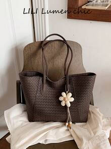 Tote Bag, Rich Woven Texture Surface Details, Floral Charm Accents Add Fresh Atmosphere. Double Long Shoulder Straps For Easy Shoulder Carrying, Open Design For Convenient Access, Ample Interior Space To Store Various Personal Items, Suitable For Commuting, Casual Outings, Creating A Simple And Gentle Daily Outfit Style. - Coffee Brown - View 8