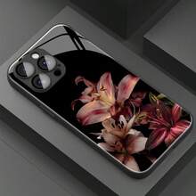 1pc Elegant Rich Lily Pattern Glass Material Phone Case, High-End And Sophisticated, Suitable For Apple Tempered Glass - Black - View 2