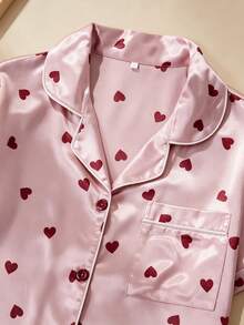 Autumn Women's Pajama Set Satin Romantic Luxury Heart Print Patch Pocket Front Button Lapel Short Sleeve Top Shorts Long Pants 3pcs Set Summer Loungewear - Baby Pink - View 4