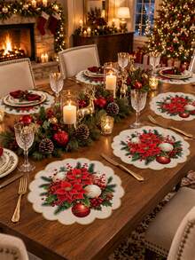 Set Of 2/4/6 Red Poinsettia And Bell Christmas Placemats – Festive Holiday Table Decor; Linen Placemats Featuring Poinsettia Floral Designs; Suitable For Christmas Table Settings And Year-Round Use. - Multicolor - View 4