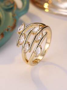 1pc Creative Multi-Layer Wrapped Horse Eye Shaped Cut White Cubic Zirconia Gold Plated Yellow Women's Stackable Ring, Suitable For All Special Celebrations Throughout The Year, Enhance Your Charm - White - View 4