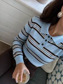 Sookaug Women's Vintage Striped Polo Collar Knit Sweater, Sky Blue Short Cropped Long Sleeve Top, Hot Girl Street Style Ribbed Knit Pullover, Medium Stretch Preppy Style, Suitable For Autumn - Blue - View 9