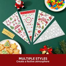 50pcs Christmas Cone-Shaped Snack Bags With Gold Twist Ties, For Candy, Popcorn, Cookies, Snacks Packaging, Christmas Print Transparent Triangle Bags, Holiday Party Gift Packaging Bags - - - View 4