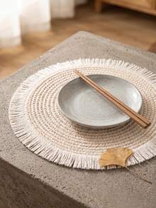 1/2/4/6/12pcs Beige Tassel Woven Placemats, Natural Rustic Style, Cotton Rope Material, Round Tassel Edge And Woven Texture Details, Heat-Resistant And Anti-Slip, Tabletop Protection And Decorative Enhancement, Suitable For Incense Ceremony, Meditation And Rustic Home Decor - White - View 1