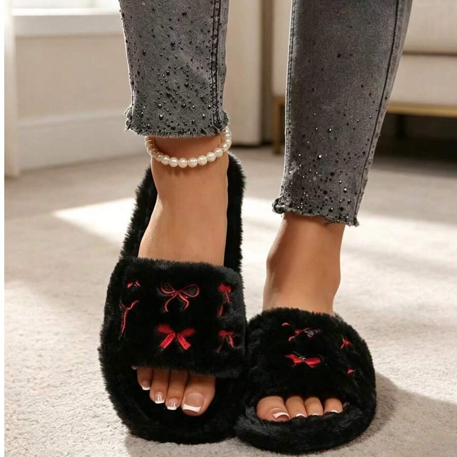 Women's Plush Open Toe Slippers, Red Bow Embroidery Decor, Warm & Non-Slip, Suitable For Indoor Bedroom Home Wear - Black - View 1