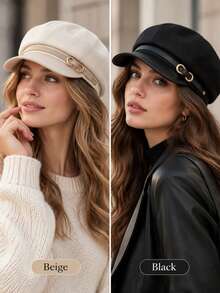 1pc Women's Vintage Newsboy Cap With Metal Buckle, Octagonal Beret, Autumn/Winter Daily Street Casual Flat Cap - Flat Top - View 3