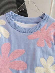 Girls Cute Colorblock Floral Round Neck Short Knit Sweater Long Sleeve Pullover Suitable For Daily, Vacation, Casual, Spring, Autumn, Winter - Blue - View 6