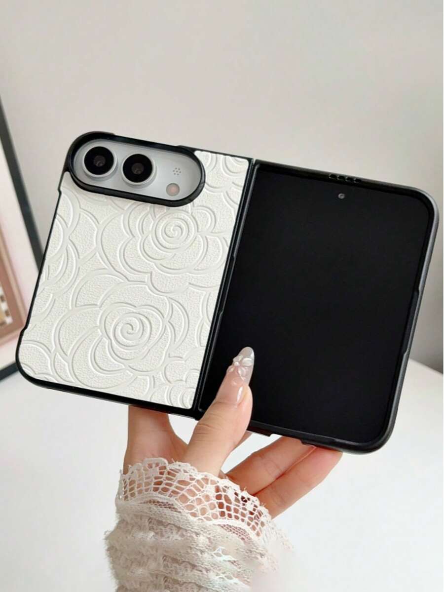 1pc Fashionable, Cute, Minimally Labeled Rose Printed Element Folding Phone Case, Can Protect And Prevent Falling For:SamsungGalaxy Z Fold 8/IPhoneDuo - White - View 1