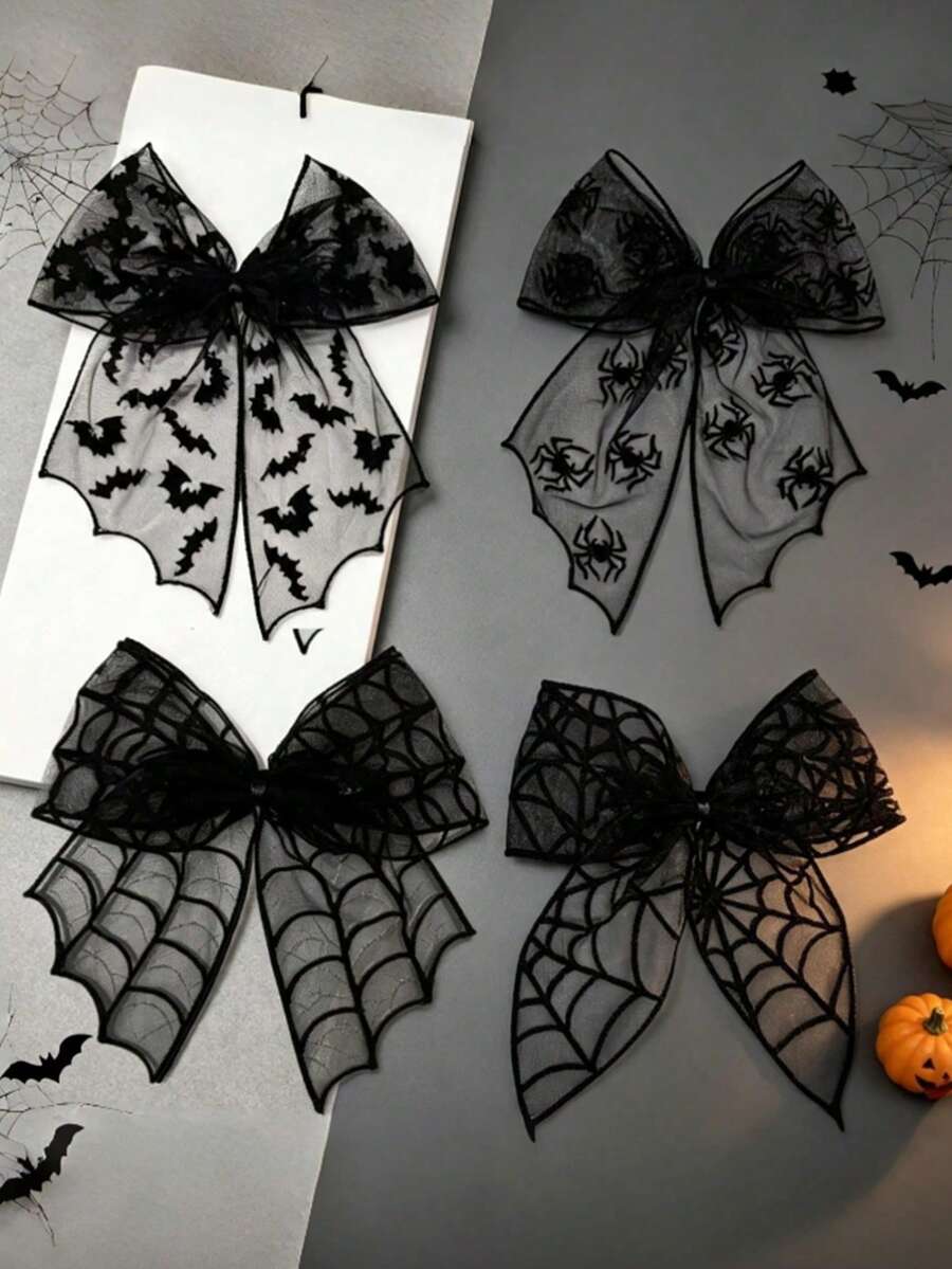1 st hårspänne för kvinnor, mörk Halloween-stil, svart spetsrosett med fladdermus- och spindelvävsmönster - Svart - Visa 1