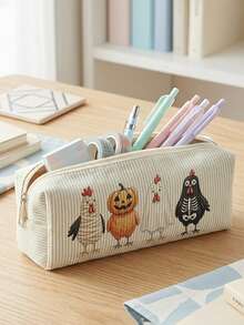 1pc Halloween Skull Jack-O'-Lantern Print Corduroy Pencil Case, Zipper Large Capacity Stationery Storage Pouch For Student School Daily Study - Multicolor - View 5