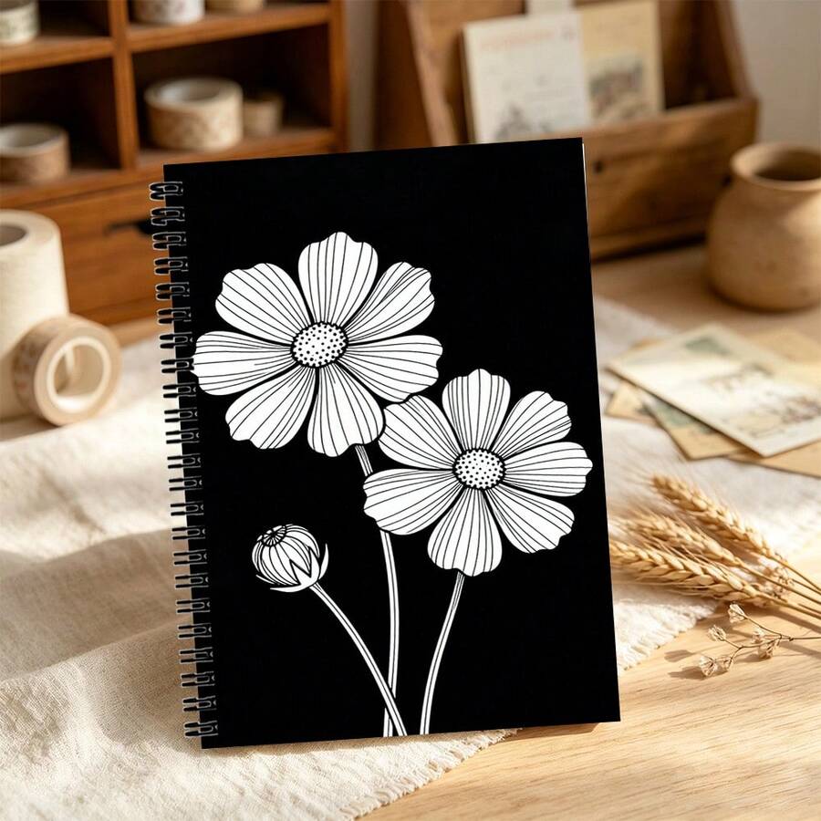 Minimalist White Floral Pattern A5 Spiral Bound Notebook, Black Cover Line Writing Diary, School And Office Stationery, Daily Journal Planner - Floral - Minimalist - View 1