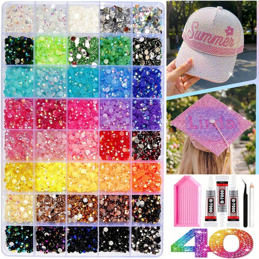 Bộ đá đính resin 40 màu bóng, phối màu, đá resin mặt phẳng 5.5mm màu AB, bộ đá jelly DIY, phù hợp trang trí quần áo DIY, ốp điện thoại, sáng tạo nghệ thuật thủ công, quà tặng lễ tết, không dùng một lần - Nhiều màu - Xem 1