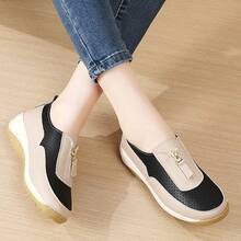 Women's Perforated Breathable Front Zipper Casual Sports Shoes, Patchwork Design, Wedge Heel Thick Sole, Home Daily Commute Shoes - Black Brown - View 7
